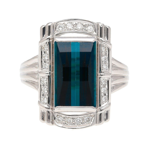 GIA Certified 6.40 Carat Blue Indicolite Tourmaline Vintage Retro Platinum Ring