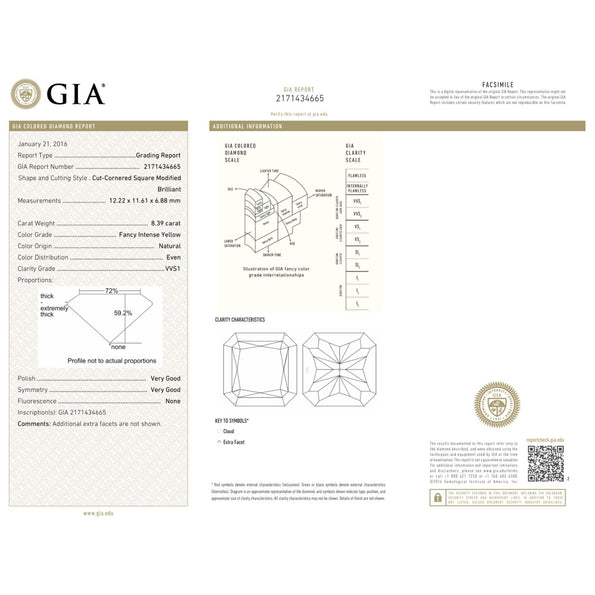 GIA Certified 8.39 Carat Fancy Intense Yellow Diamond 18K White Gold Halo Ring