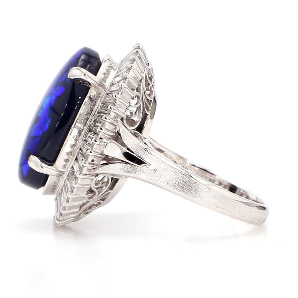 GIA Certified 8.69 Carat Cabochon Black Opal & Diamond in Platinum Cocktail Ring