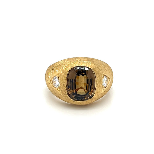 GIA Certified Cushion Cut Brown Chrysoberyl Mens Ring With Matte Textured Gold Finish and Diamond Side Stones