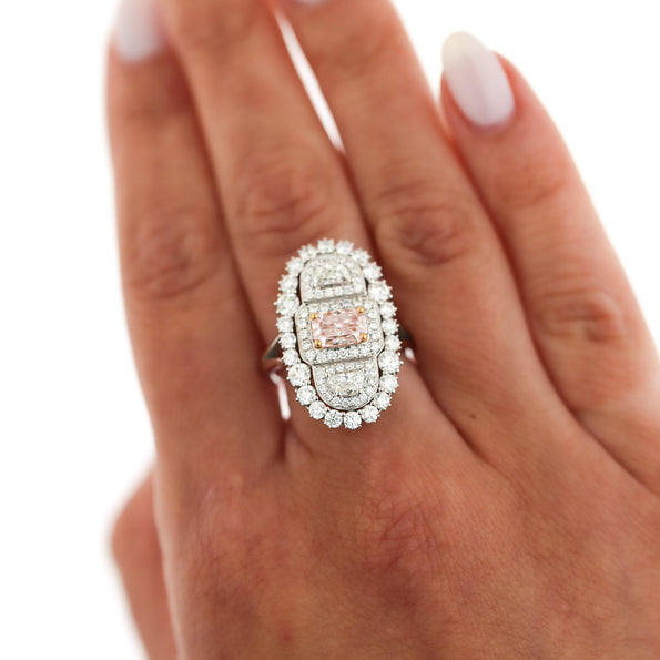 GIA Certified Fancy Light Pink Diamond Elongated Halo Cluster Ring