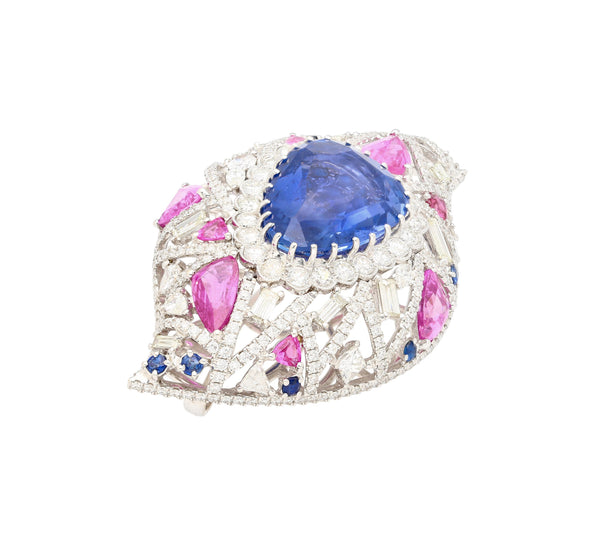 GIA Certified High Jewelry Sapphire and Diamond Eye Motif Pendant-Brooch