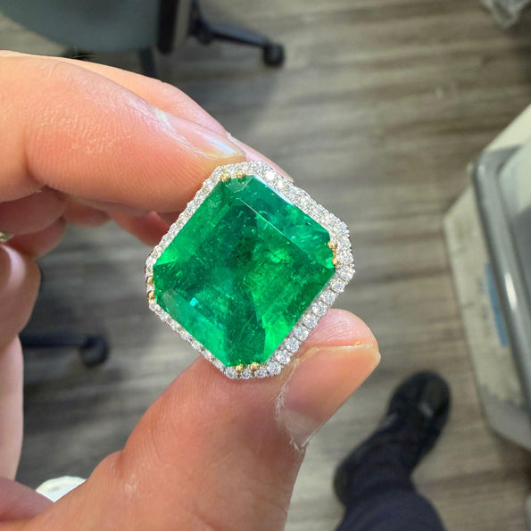 GRS Cert. 17.73 Carat Minor Oil Colombian Emerald Ring