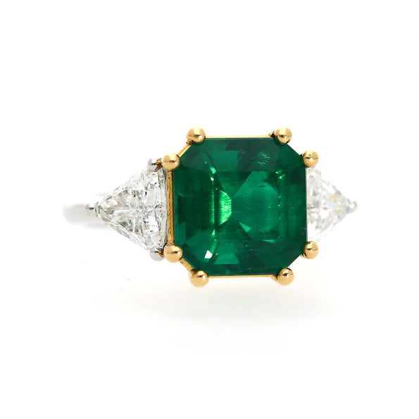 GRS Cert. 4.37 Carat Vivid Green Muzo Colombian Emerald Diamond 3 Stone Ring