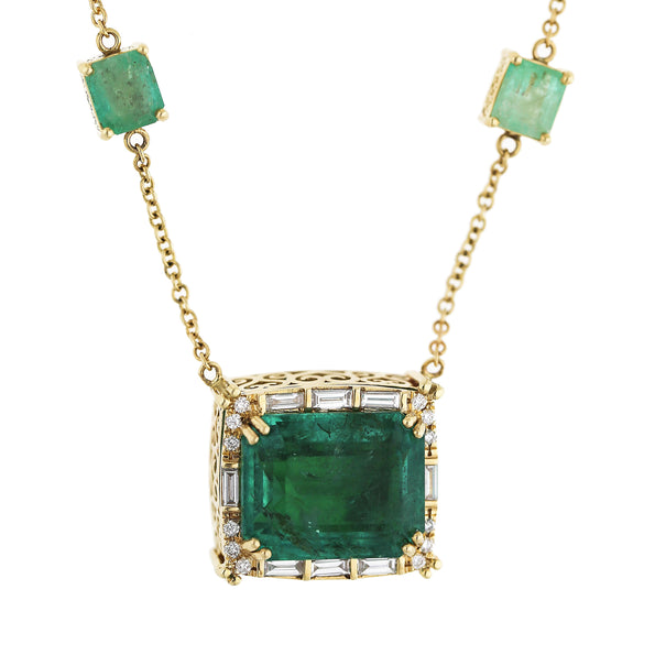 GRS Certified 17.85 Carat Emerald & Diamond Filigree 14K Yellow Gold Necklace
