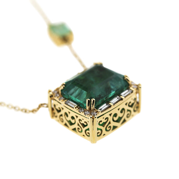 GRS Certified 17.85 Carat Emerald & Diamond Filigree 14K Yellow Gold Necklace