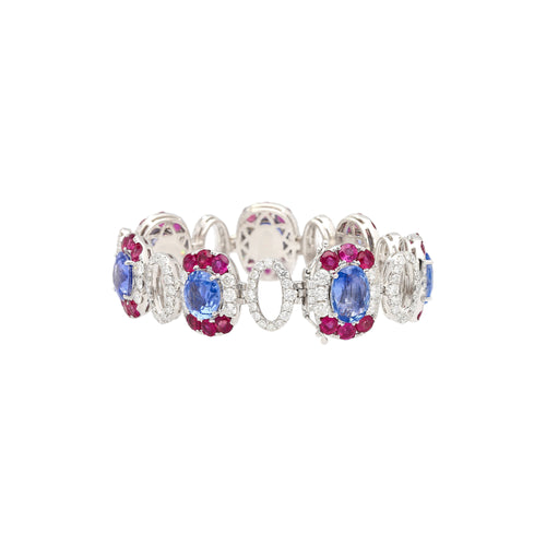 GRS Certified 41.17 CTTW Sri Lanka No Heat Blue Sapphire Bracelet with Diamond & Ruby in 18K White Gold