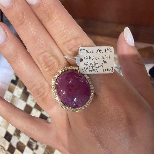 GRS Certified 48 Carat Star Ruby Cabochon & Diamond in 18K Rose Gold Halo Ring