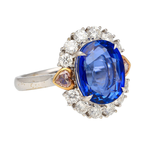 GRS Certified 7.25 Carat No Heat Oval Cut Blue Sapphire Ring With Pink Diamond Sides