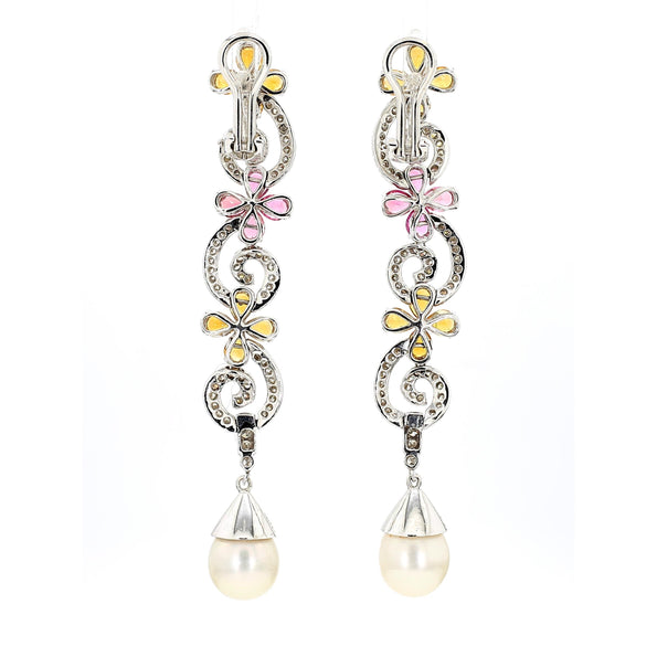 Greek 18K White Gold Diamond Pink Tourmaline Yellow Garnet Pearl Drop Earrings