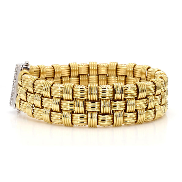 Italian 18K Gold Diamond Pave Clasp Woven Basket Bracelet
