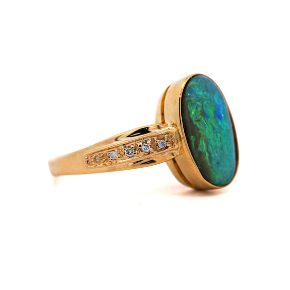 Natural 0.12 Carat Diamond with Black Opal Doublet in 18K & 14K Yellow Gold Ring