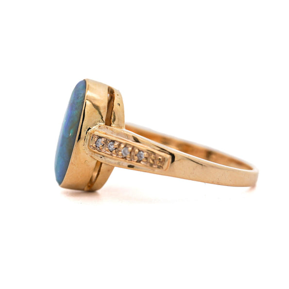 Natural 0.12 Carat Diamond with Black Opal Doublet in 18K & 14K Yellow Gold Ring