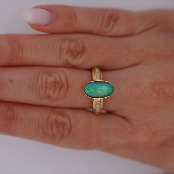 Natural 0.12 Carat Diamond with Black Opal Doublet in 18K & 14K Yellow Gold Ring