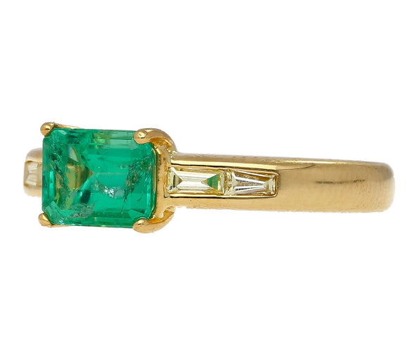 Natural 1 Carat Emerald & Baguette Diamond 18K Gold East West Ring