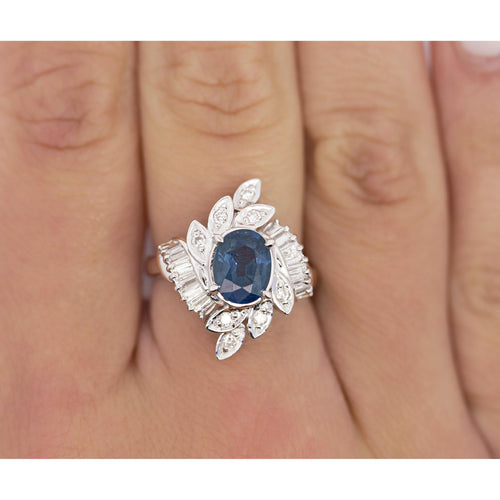 Natural 1.52 Carat Oval Blue Sapphire and Diamond Platinum Floral Ring