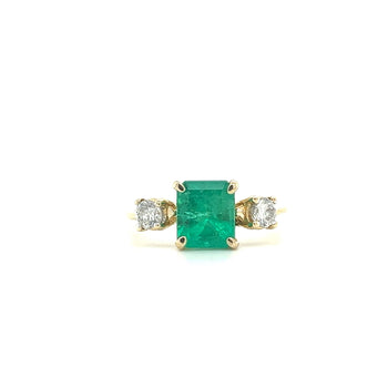 Natural 2.05 Carat Colombian Emerald and Diamond Three-Stone Thin Band Ring in 14K Yellow Gold – Assay Jewelers
