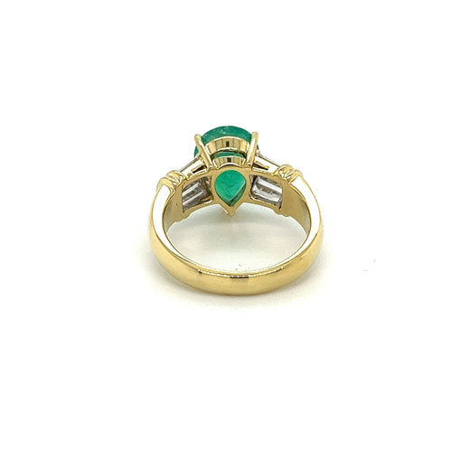 Natural 3.22 Carat Pear Cut Colombian Emerald With Baguette Diamond Side Stone Ring