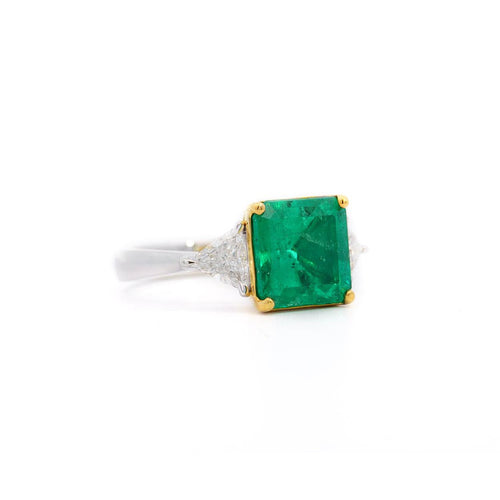 Natural 3.76 Carat Colombian Emerald and Trillion Cut Diamond 3-Stone Ring in 18K Gold