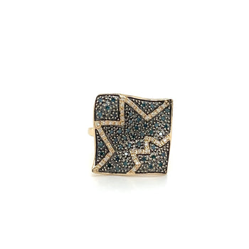 Natural Blue and White Diamond Cluster Wide Frame Flat Wavy Ring in 14K Yellow Gold – Assay Jewelers