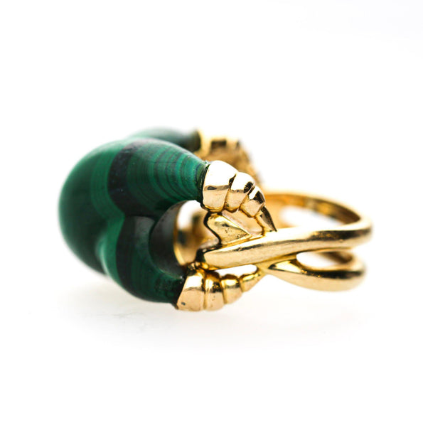Natural Carved Malachite Quatrefoil Floral Dome Four-Prong 14K Yellow Gold Ring