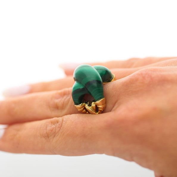 Natural Carved Malachite Quatrefoil Floral Dome Four-Prong 14K Yellow Gold Ring