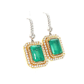 Natural Colombian 7.36 CTTW Emerald & Diamond Halo Dangle Drop 18K Gold Earrings – Assay Jewelers