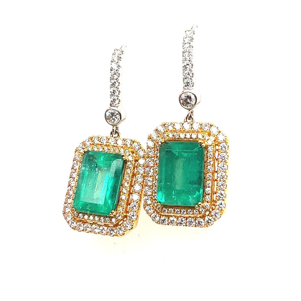 Natural Colombian 7.36 CTTW Emerald & Diamond Halo Dangle Drop 18K Gold Earrings