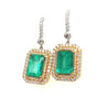 Natural Colombian 7.36 CTTW Emerald & Diamond Halo Dangle Drop 18K Gold Earrings