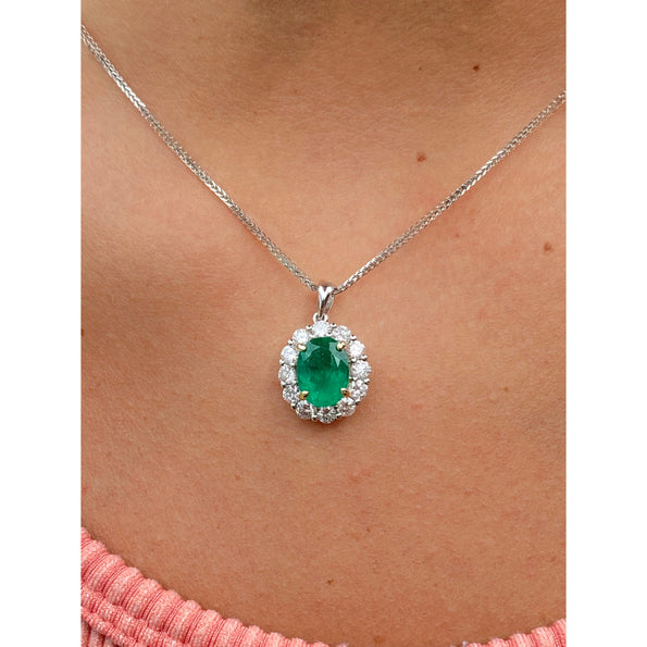 Natural Emerald Pendant and Diamond Halo in 18k Solid White Gold