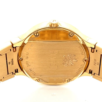 Montre Piaget Polo pour femme 32 mm en or jaune 18K avec lunette sertie de diamants et papiers Piaget – Assay Jewelers