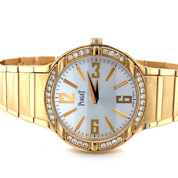 Montre Piaget Polo pour femme 32 mm en or jaune 18K avec lunette sertie de diamants et papiers Piaget – Assay Jewelers