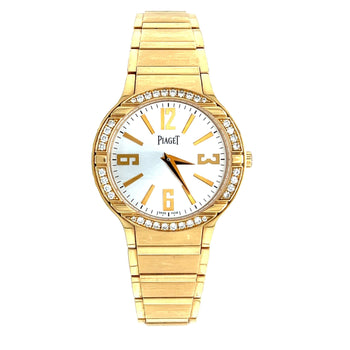 Montre Piaget Polo pour femme 32 mm en or jaune 18K avec lunette diamantée et papiers Piaget – Assay Jewelers