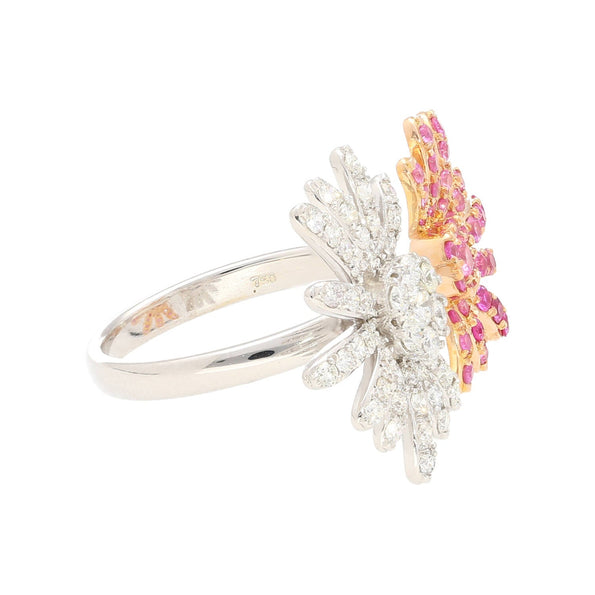 Pink Sapphire and Diamond Flower Motif Open Toi Et Moi Ring in 18K White Gold