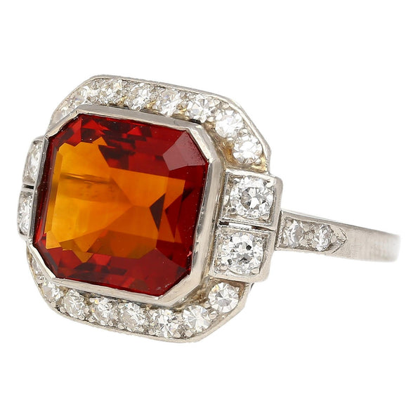 Platinum Vintage Retro 4.42 Carat Citrine Bezel & Diamond Halo Ring