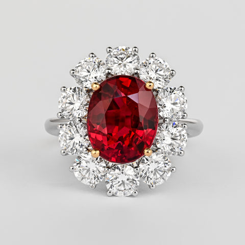 Rare Vivid Red 5.81 Carat Oval Cut Siam Ruby & Diamond Halo Ring