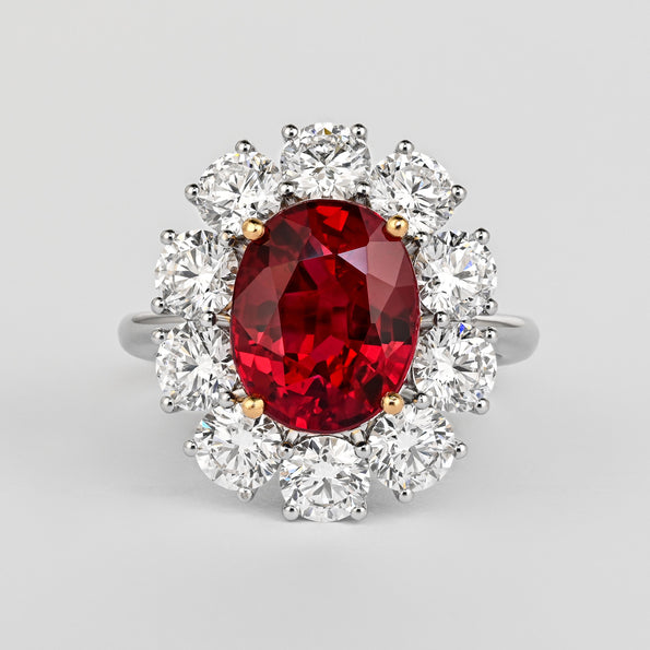 Rare Vivid Red 5.81 Carat Oval Cut Siam Ruby & Diamond Halo Ring