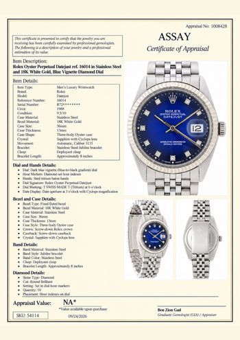 Rolex Datejust 16014 Blue Vignette Diamond Dial 36mm Steel White Gold Watch – Assay Jewelers