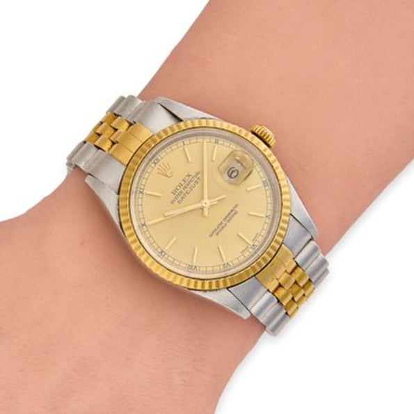 Rolex Datejust 16233 Champagne Dial Fluted Bezel On Jubilee Watch Full Set