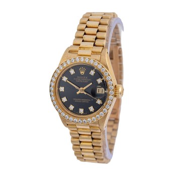 Rolex Datejust 6917 26mm 18K Gold President Diamond Bezel Black Dial Watch – Assay Jewelers