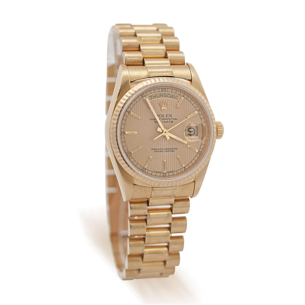 Rolex Daydate 36mm 18K Gold Fluted Bezel Champagne Tapestry Presidential Watch