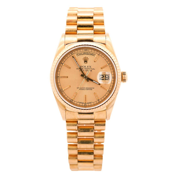 Rolex Daydate 36mm 18K Gold Fluted Bezel Champagne Tapestry Presidential Watch