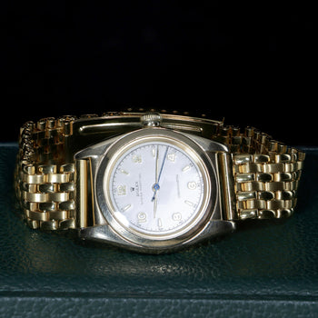 Rolex OP 3131 Bubbleback 18K Gold 31mm Chronometre White Arabic Dial Watch – Assay Jewelers