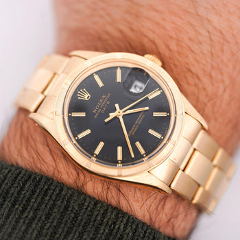 Rolex OP Date 1501 34mm 18K Gold Black Gloss Dial Watch – Assay Jewelers