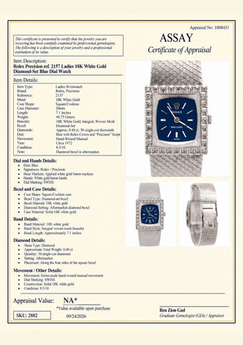 Rolex Precision 2157 Ladies 18k White Gold Diamond Bezel Blue Dial Watch 1972 – Assay Jewelers