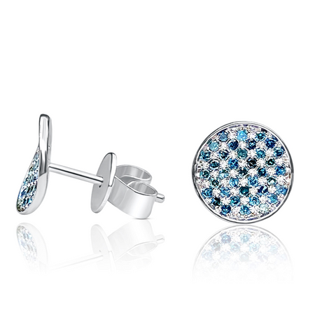 Round Blue Diamond Cluster Disc Stud Earrings in 18k White Gold