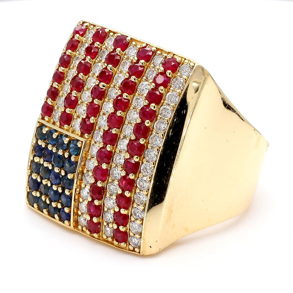 Ruby Sapphire & Diamond USA Flag 14K Gold Mens 4th of July Signet Ring