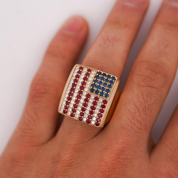 Ruby Sapphire & Diamond USA Flag 14K Gold Mens 4th of July Signet Ring