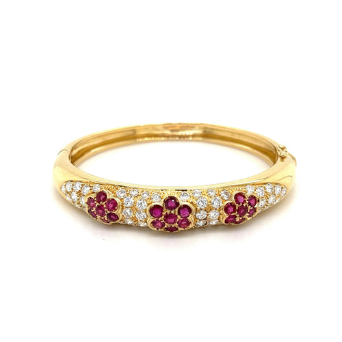 Ruby and Diamond Cluster Bangle Bracelet in 18K Yellow Gold