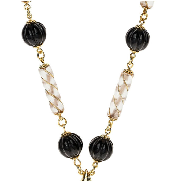 Vintage 18K Gold Tassel Necklace Quartz Black Onyx Diamond - 30 inches